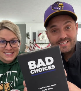 BAD CHOICES party game college students vibe demonstrates group energy and smiles.