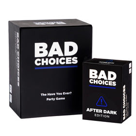 BAD CHOICES party game set on table with friends enjoying game night