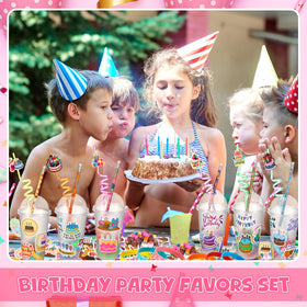 Baderke complete party favors set including cups, lids, straws, bracelets.