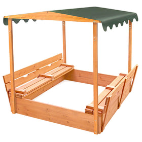 Badger Basket cedar sandbox with canopy provides shaded outdoor play for kids.