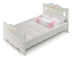 Badger Basket doll bed front view with white rose design for cozy pretend play.