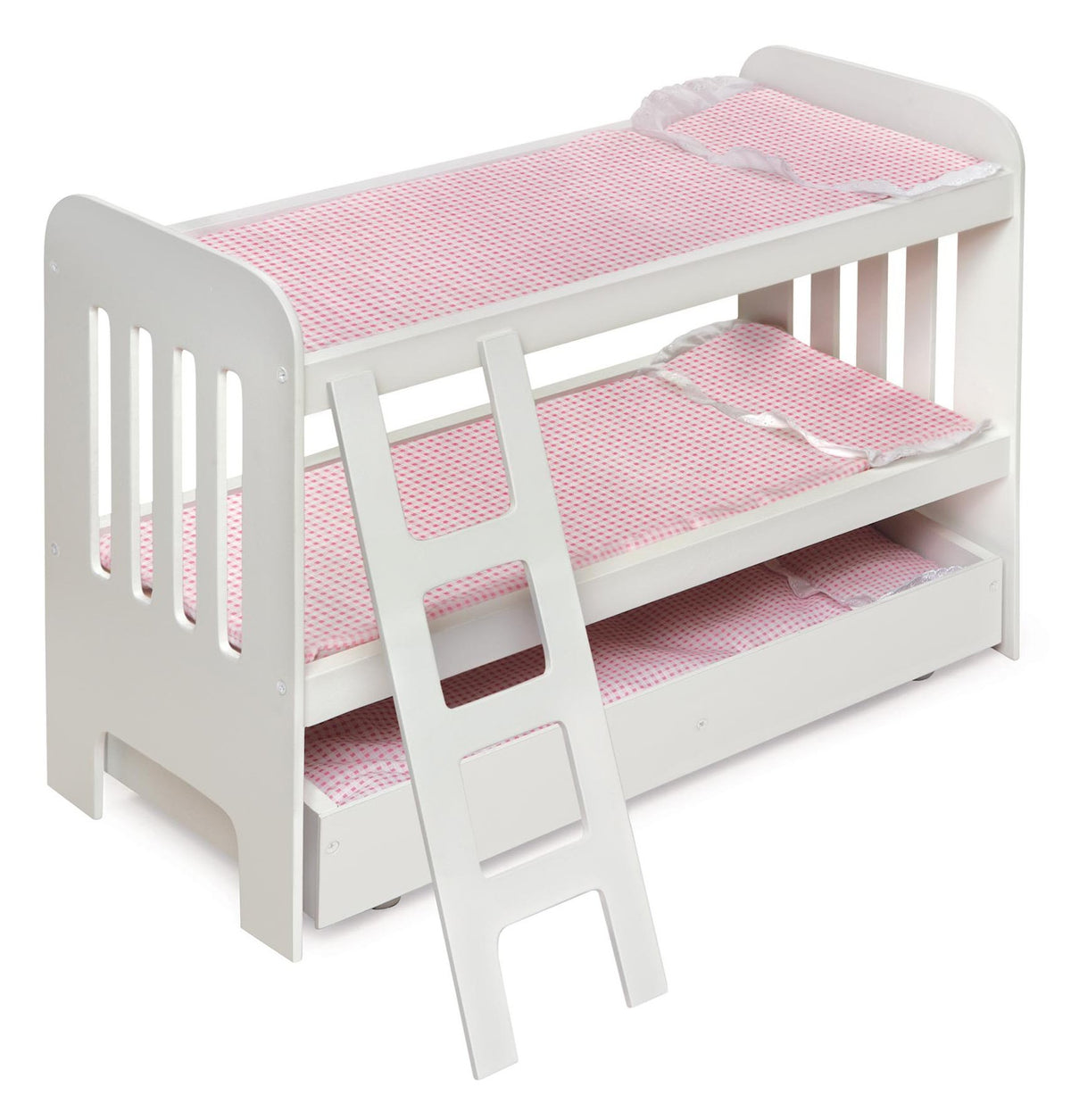 Badger Basket doll bunk bed with wood frame in white and pink for pretend play.