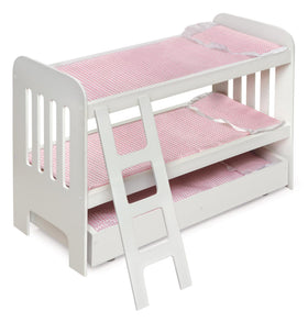 Badger Basket doll bunk bed with wood frame in white and pink for pretend play.