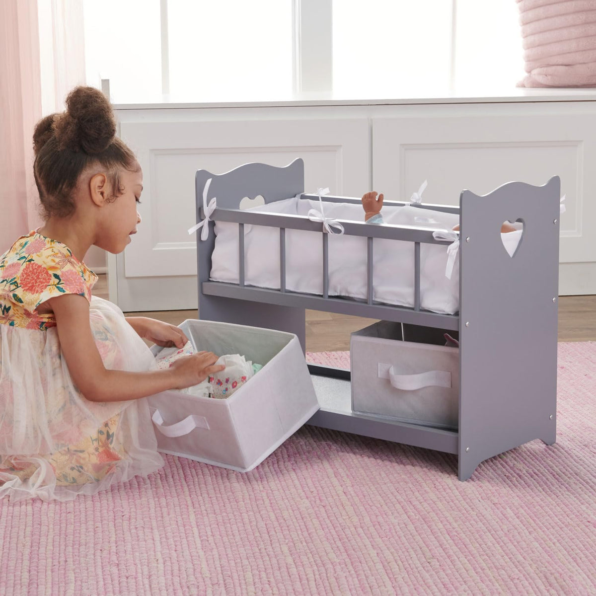 Illustrated assembly instructions for Badger Basket gray doll crib