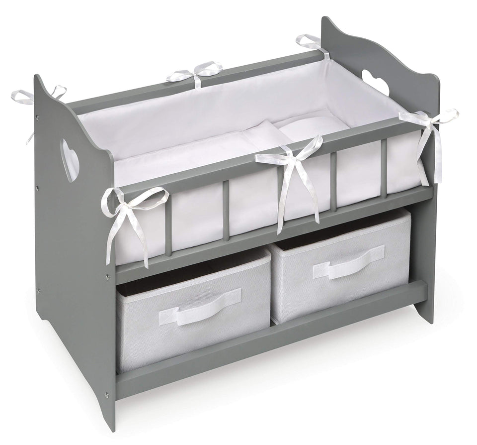 Badger Basket gray wooden doll crib front view with baskets for organized play