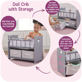 Badger Basket gray crib side view showing removable baskets for easy access