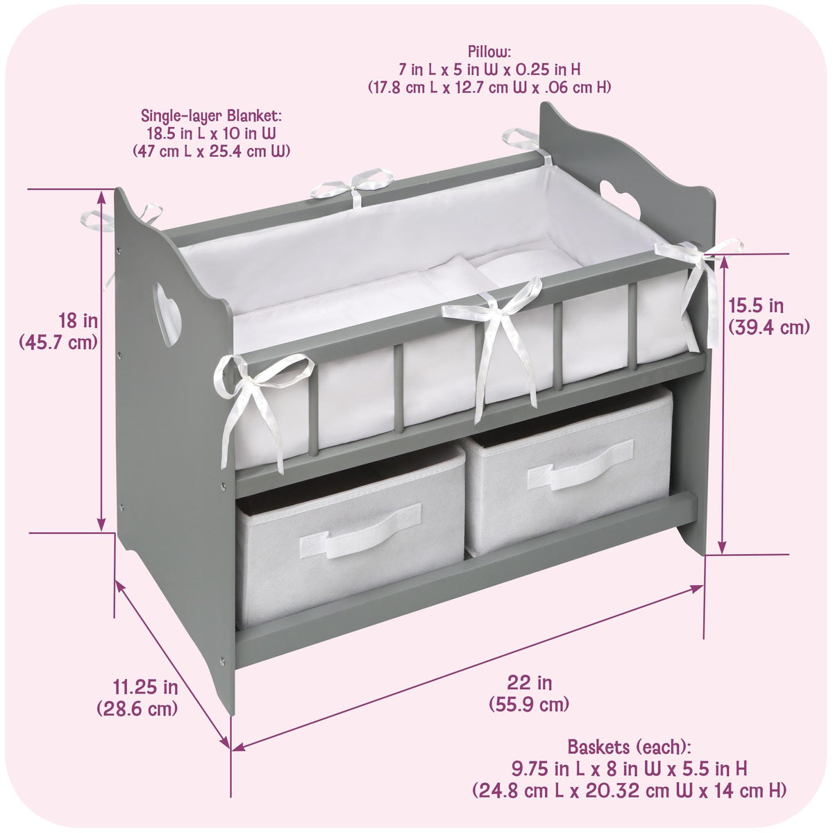 Gray wooden doll crib by Badger Basket highlighting durable construction