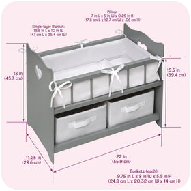 Gray wooden doll crib by Badger Basket highlighting durable construction