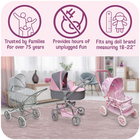 Badger Basket stroller with safety belts for pretend twins during play