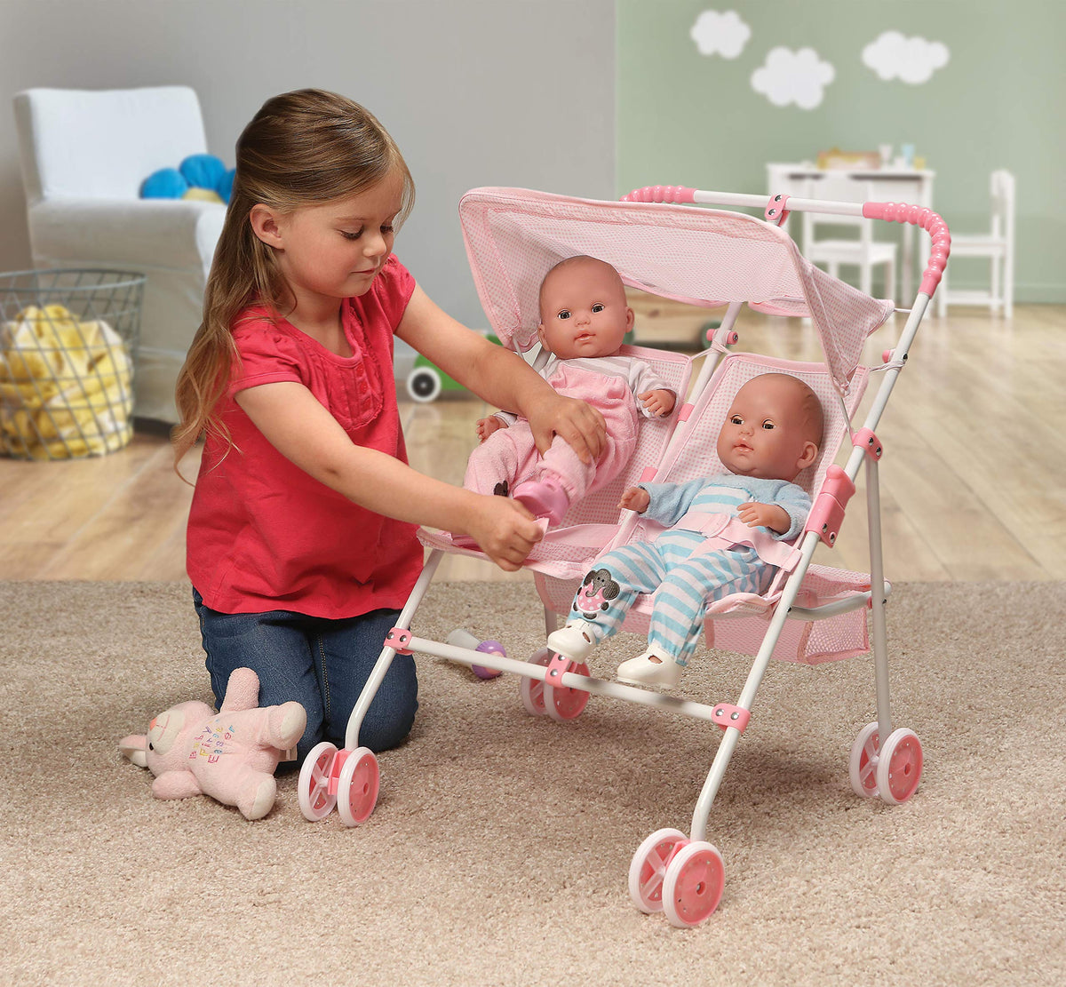 Badger Basket stroller with smooth-rolling wheels for indoor use