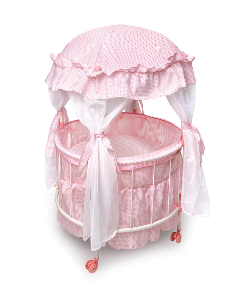 Badger Basket Pavilion doll bed canopy showcases a charming pink canopy for cozy pretend play