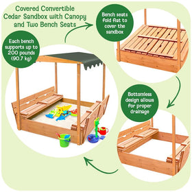 Badger Basket sandbox with built-in benches offers comfortable seating during outdoor play.