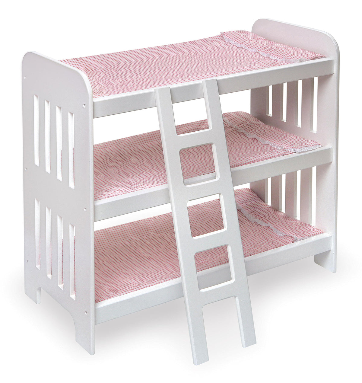 Badger Basket triple doll bunk bed with white frame and pink gingham padding for 20-inch dolls.