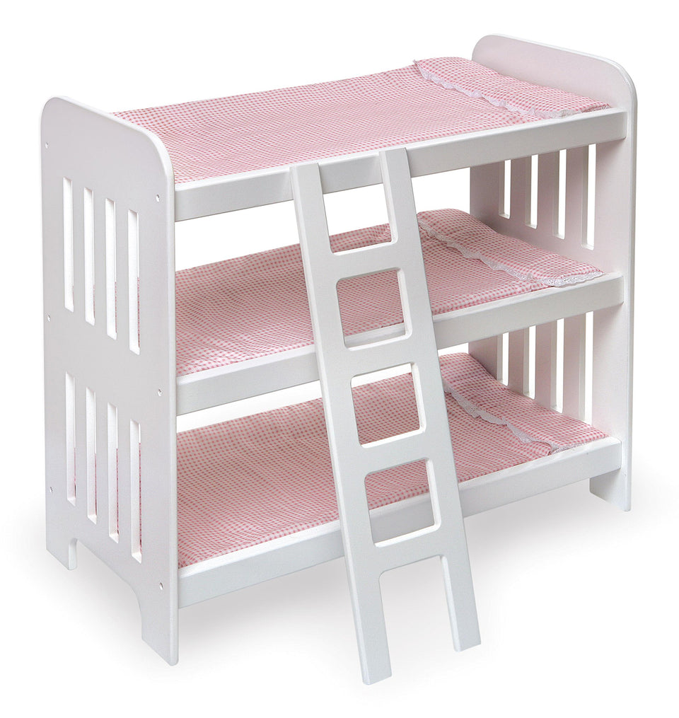 Badger Basket triple doll bunk bed with white frame and pink gingham padding for 20-inch dolls.