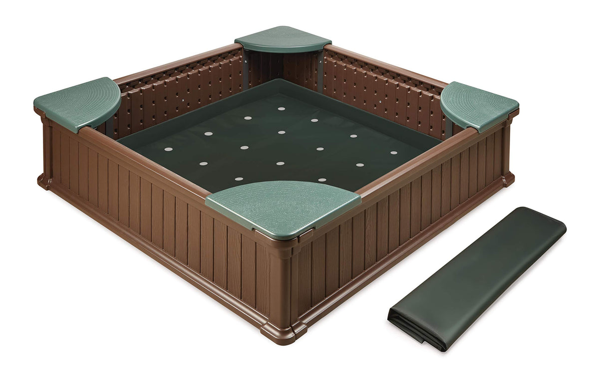 Badger Basket 2-in-1 sandbox with woodgrain finish and cover for clean outdoor play.