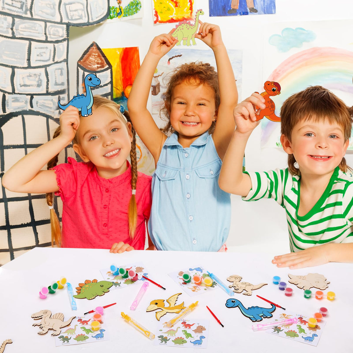 Bafeil Stegosaurus kit includes paints and brushes for easy crafting.