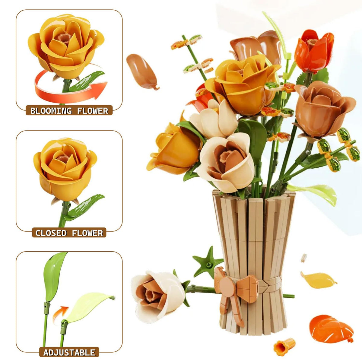 Bagari Roses Bouquet Building Set mocha roses provide warm tones
