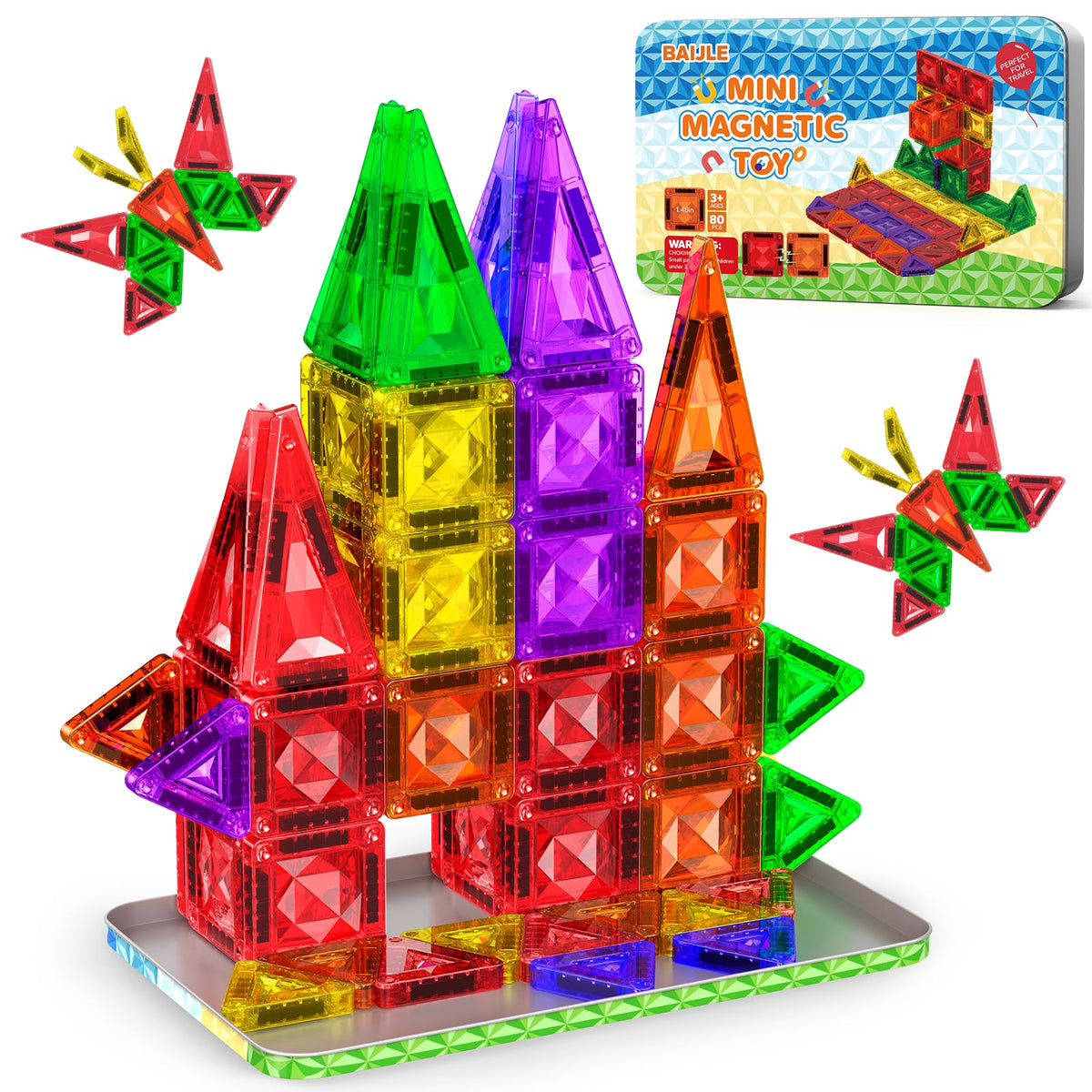 Baijle 80pcs mini magnetic tiles in case for organized play and travel.