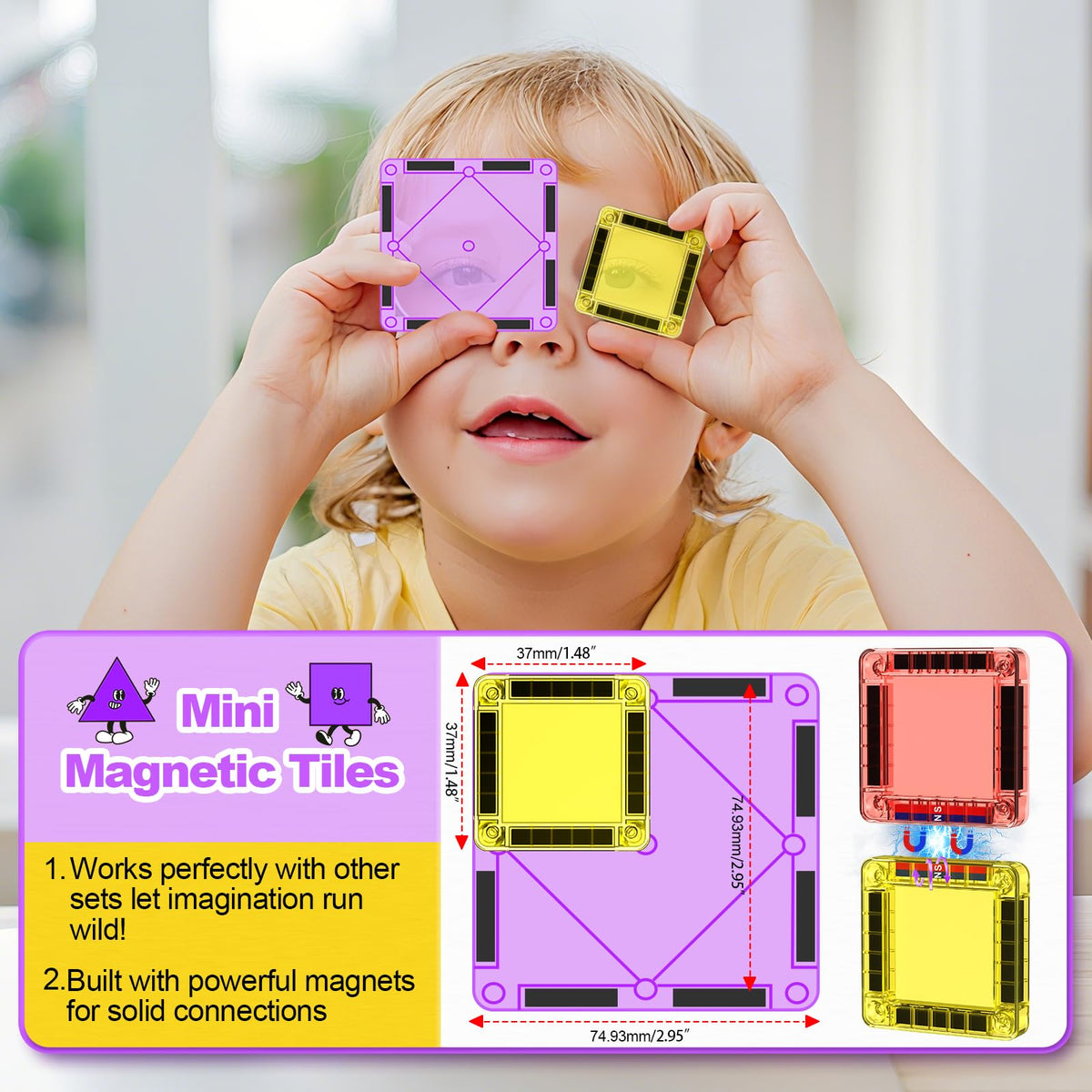Close-up of colorful magnetic tiles showing strong magnets and vibrant colors