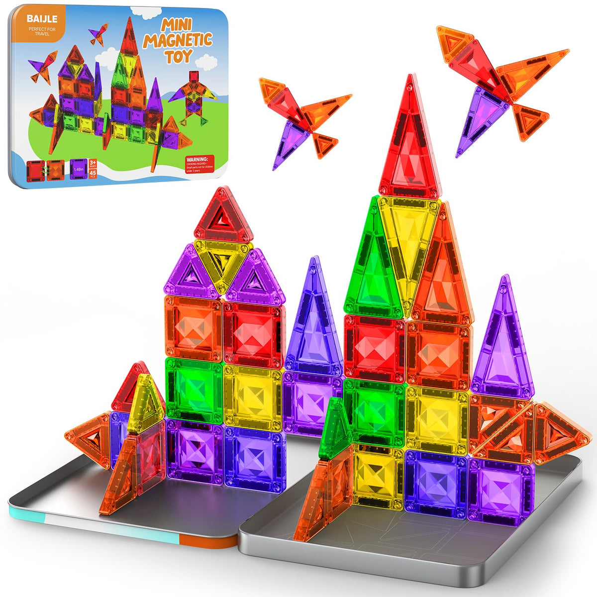 BAIJLE mini magnetic tiles 45pcs case – compact travel-friendly building fun for kids.
