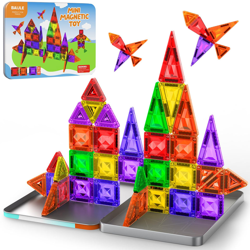 BAIJLE mini magnetic tiles 45pcs case – compact travel-friendly building fun for kids.