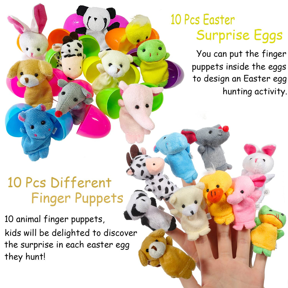 BAINFE ten animal finger puppets inside eggs promote imaginative play.
