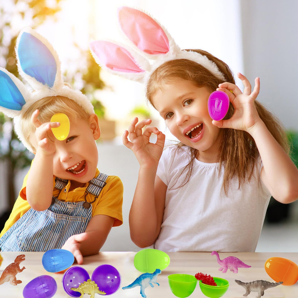 Colorful plastic egg shells conceal collectible dinosaurs for classroom prizes.