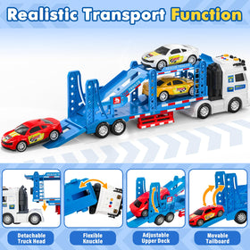 BainGesk car hauler features lights and sounds for immersive pretend journeys.