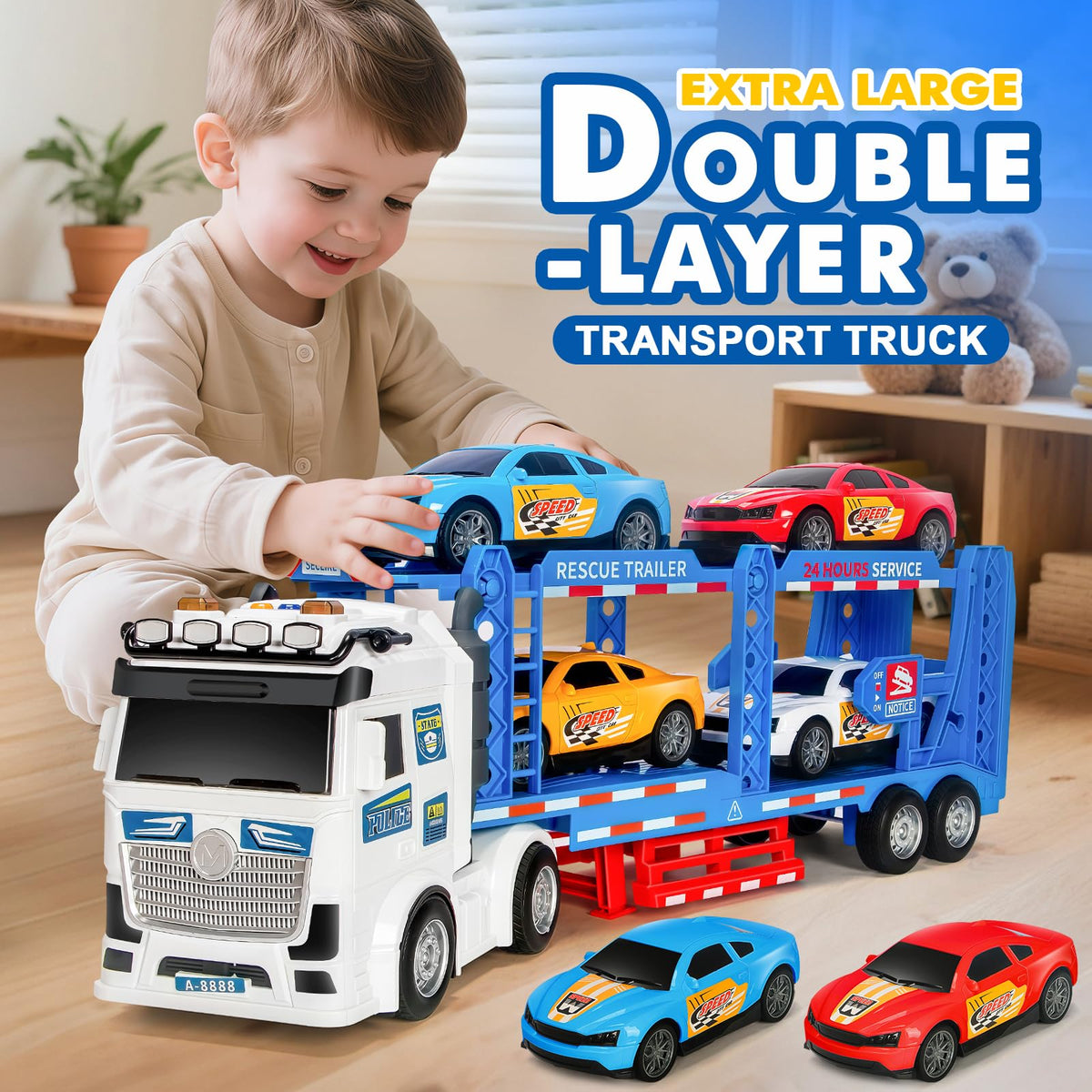 BainGesk four-car toy set included for complete transport play.