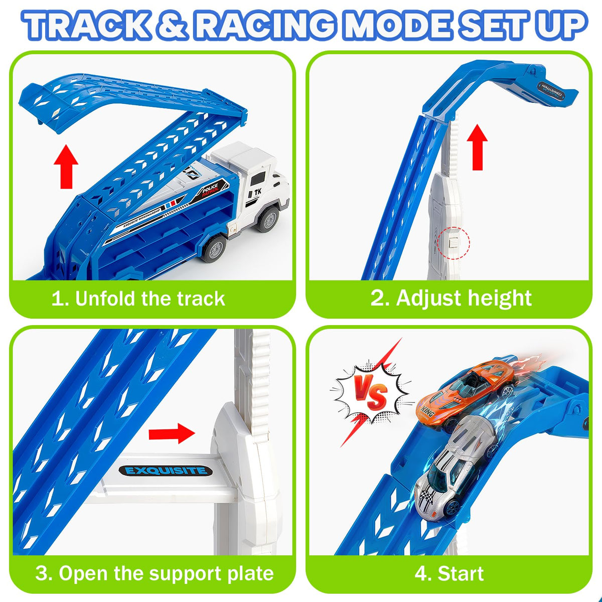 Back latch opens to reveal the pull-out extended racing lanes.