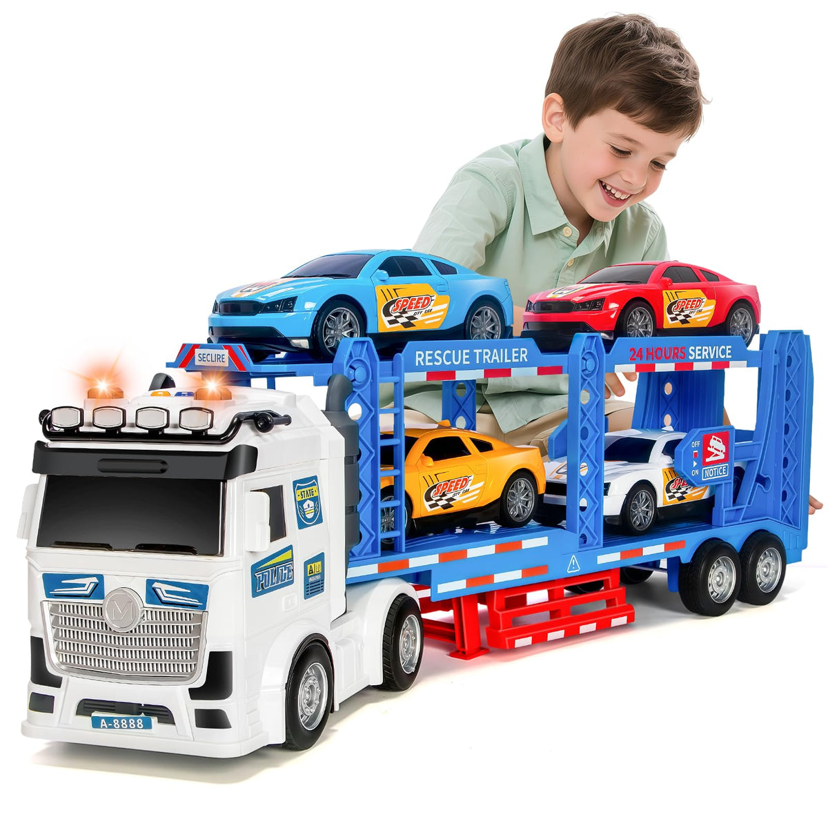 BaingGesk semi truck toy with a double-decker trailer for realistic play and storage.