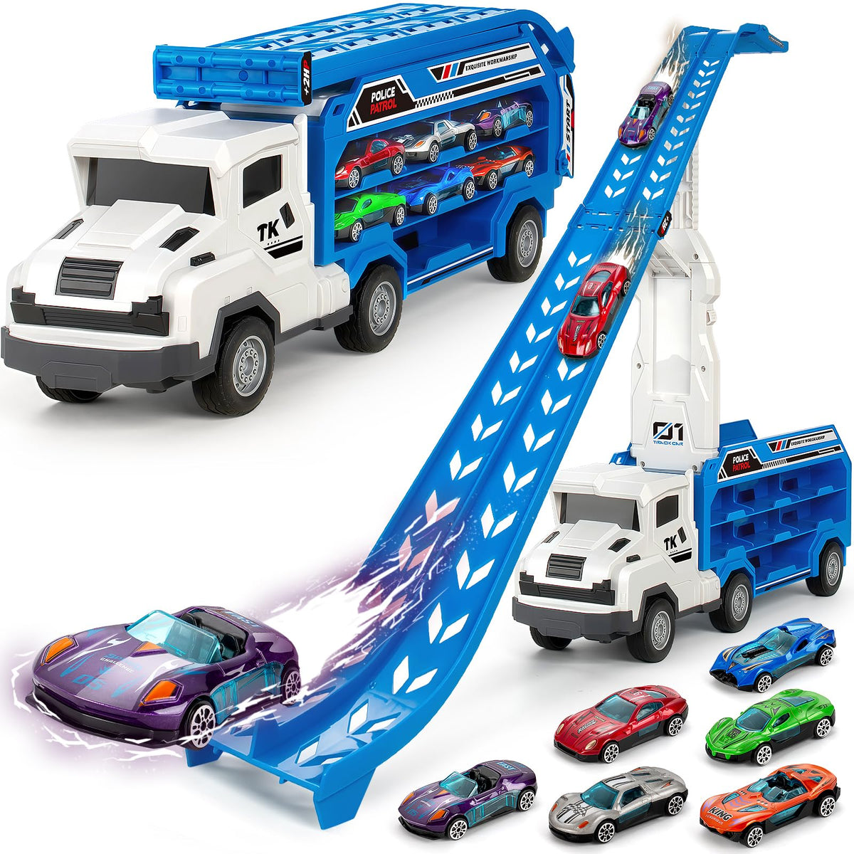 BainGesk carrier truck with foldable race track and six metal cars.