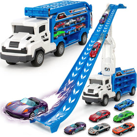 BainGesk carrier truck with foldable race track and six metal cars.