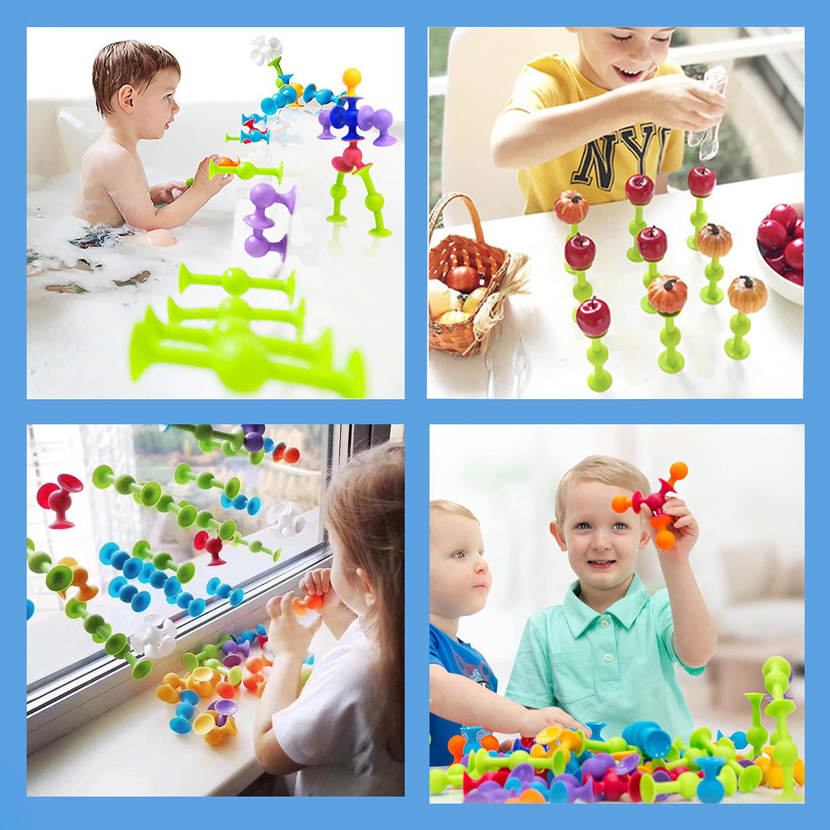 Baivyle toddler suction cups on tub walls promote sensory exploration during bath.