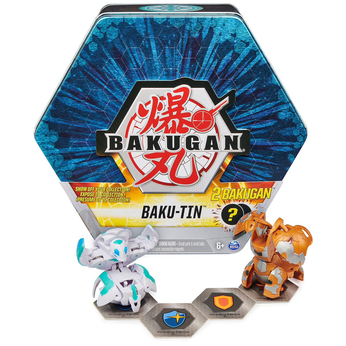 Bakugan Baku-Tin lid activates pop-open action for instant reveals.