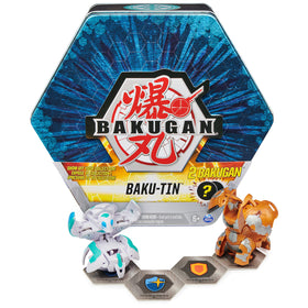 Bakugan Baku-Tin lid activates pop-open action for instant reveals.