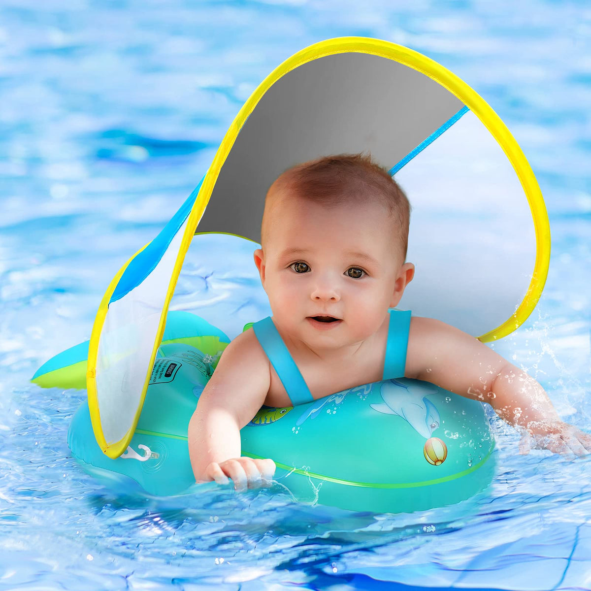 Balhvit no-flip baby pool float with canopy provides UPF50+ sun protection.