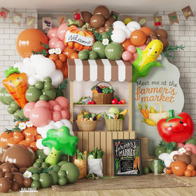 BALONAR farmers market arch kit displayed as a rustic party backdrop