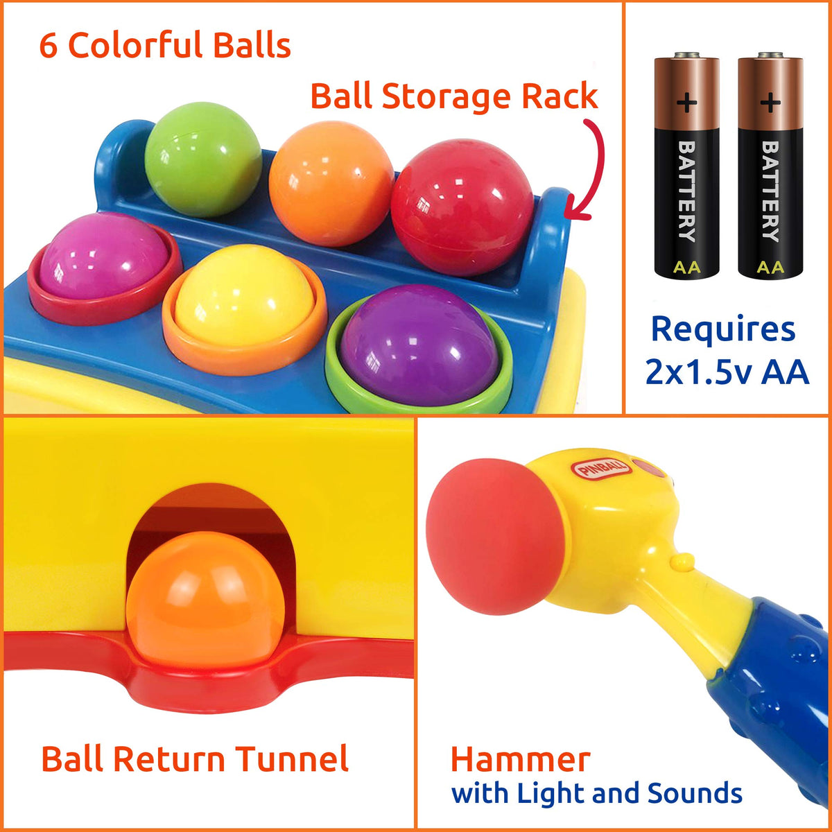 Bambiya Ball Popper requires 2 AA batteries for extended play sessions.