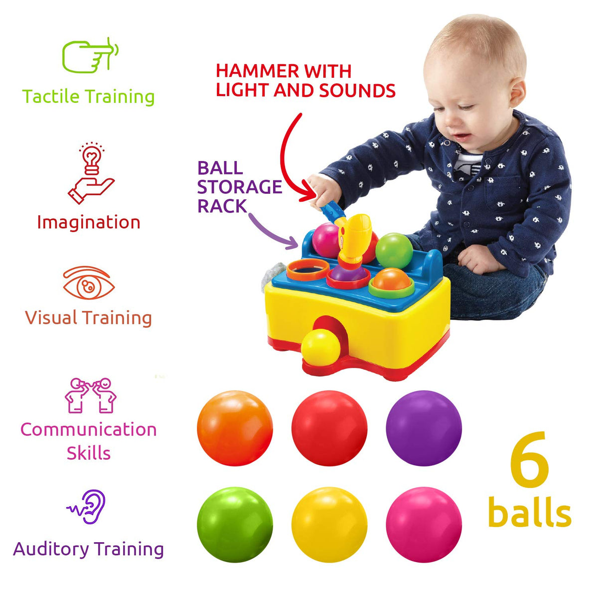 Bambiya Ball Popper with colorful balls invites color recognition during play.