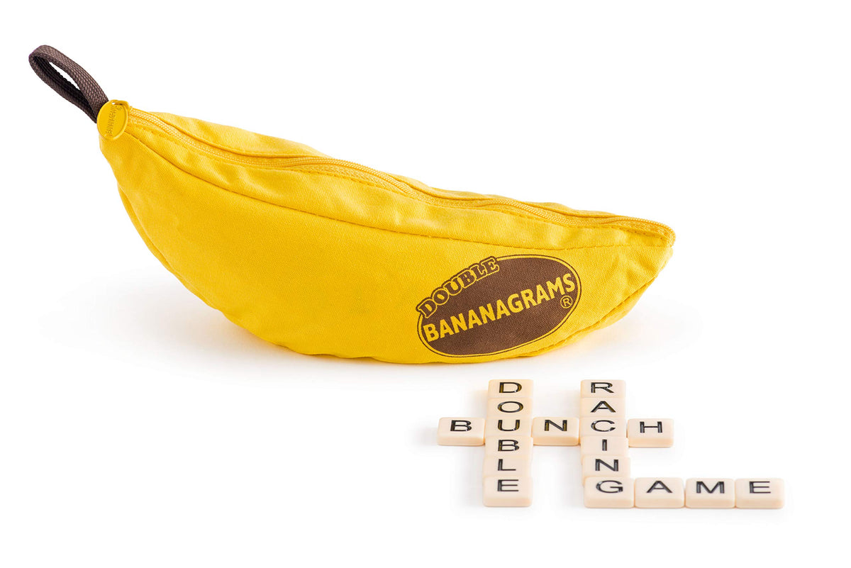 Bananagrams Double Game Tiles: fast word building for competitive play with up to 16 players.