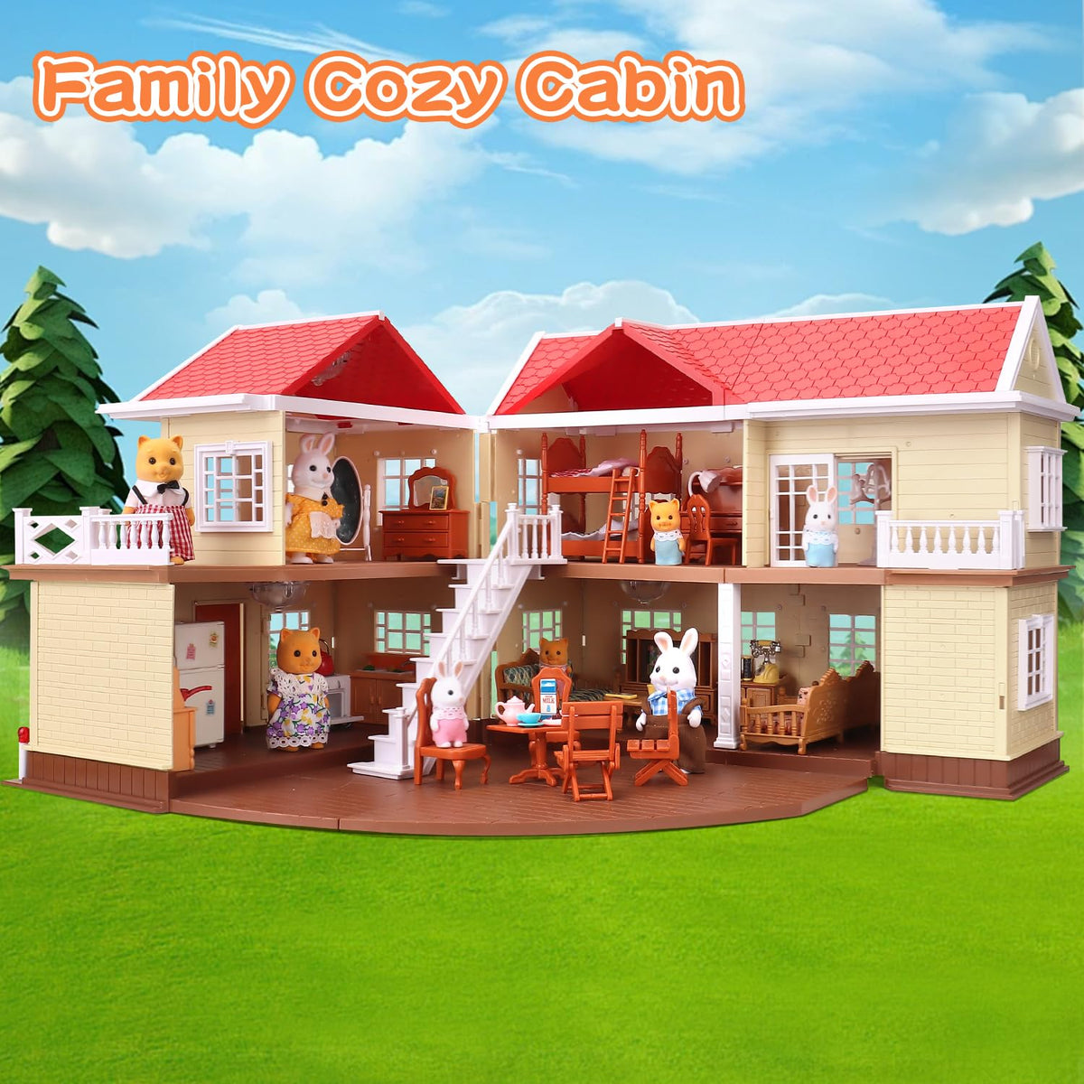 BananMelonBM open interior view of the doll house to show spacious play areas and room layout.