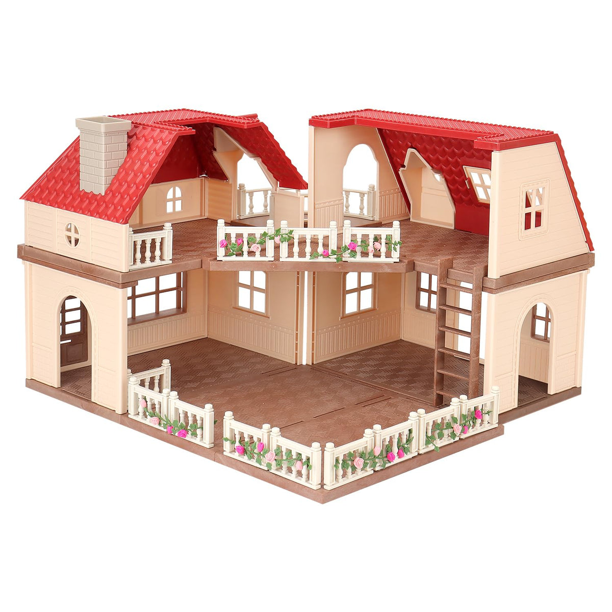 BananMelonBM Family Cozy Cabin Dollhouse opened to 90 degrees for versatile play