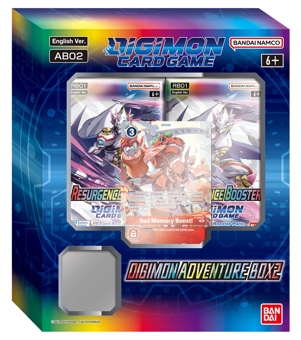 Bandai Digimon Card Game Adventure Box 2: four booster packs and a Digimon figure for collectors.