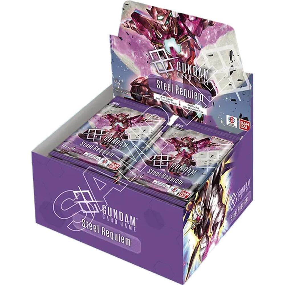 Bandai Gundam Card Game Steel Requiem booster box front view for collectors and players.