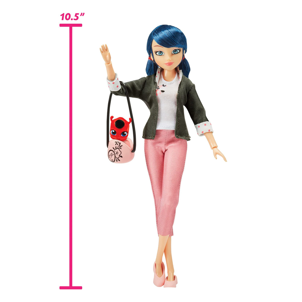 Bandai Miraculous Marinette doll with crossbody bag and Tikki, great for storytelling.