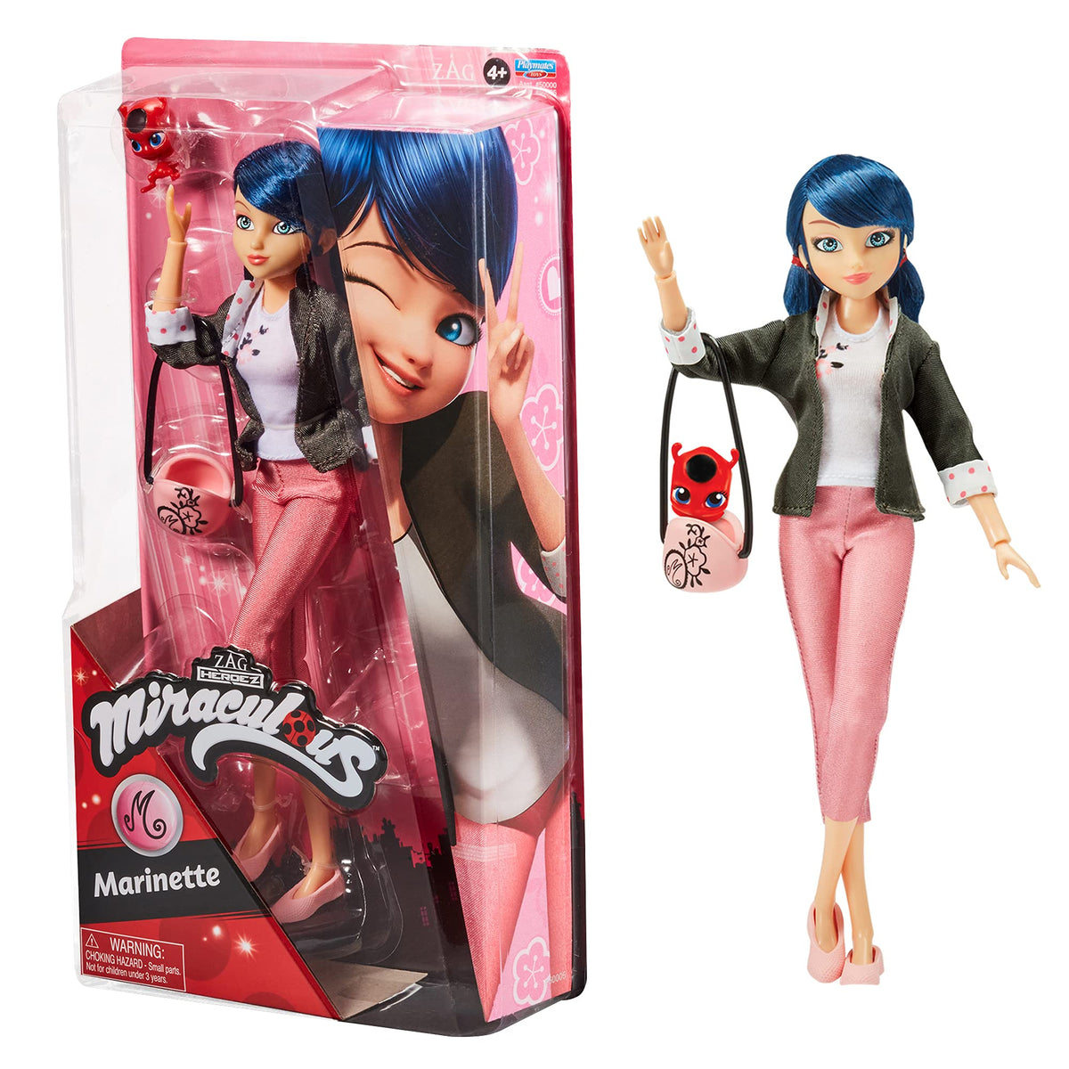 Bandai Miraculous Marinette doll front view showing poseability for dynamic play.