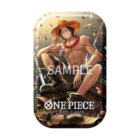BANDAI One Piece TCG three brothers art tin image, collectible design enhances display.