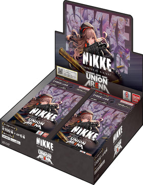 Bandai Union Arena booster pack box shows 16 Nikke packs for collectors.