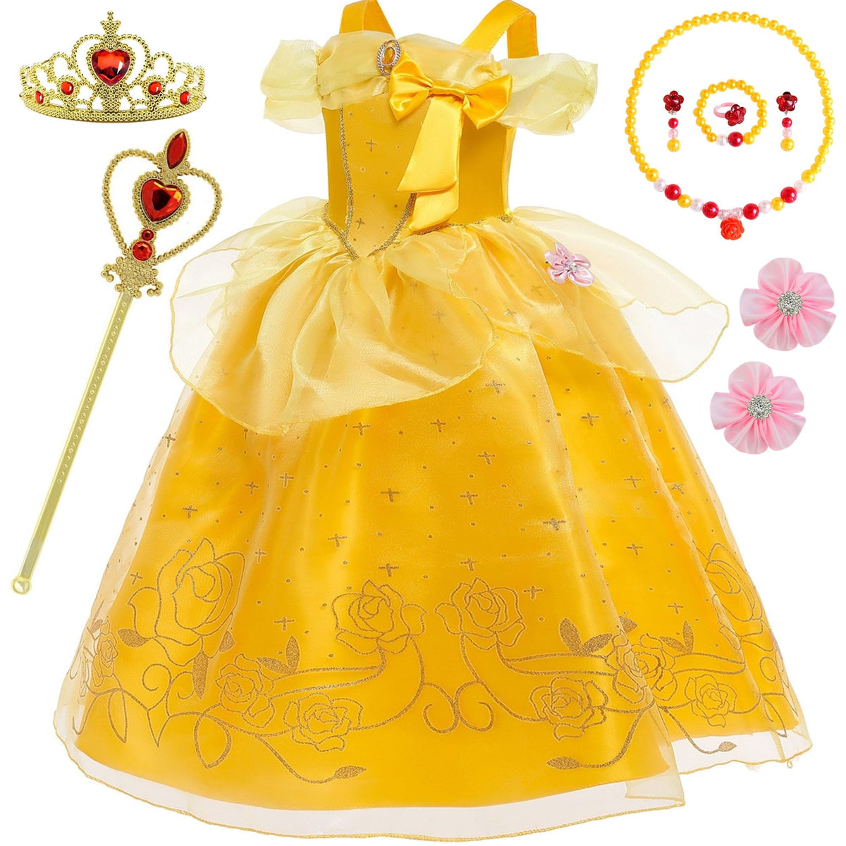 BanKids Princess Belle dress front view with crown, ideal for pretend play.
